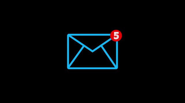 Incoming 5 Message notification alert animation on Transparent background. Emil notification icon animation email incoming message sign.