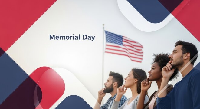 Young diverse adults in casual clothing looking up at a flying American flag with hands on chins on Memorial Day.
