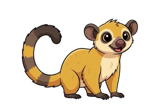 Cute Cartoon Kinkajou Standing with Curled Tail on White Background