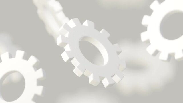 White gear wheels and cogwheel mechanism  technology, engine process motion on soft blurred background, abstract industrial design, Looping animation