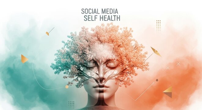 A woman's face with a tree growing from her head, split into two colors with abstract shapes and a white background.