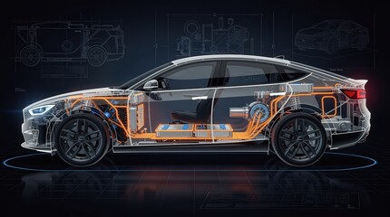 Naklejka premium Transparent side view of an electric car showing detailed internal components and wiring against a dark background with technical blueprints.