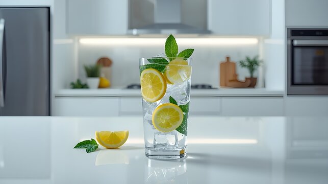 Refreshing glass of lemon water with mint on kitchen counter
