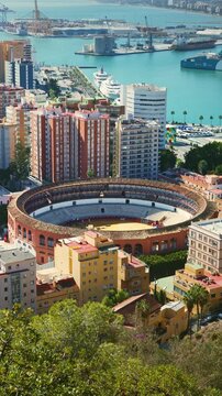 Zoom in of Iconic Bullring, Plaza de toros of La Malagueta nestled within Mediterranean coastline of Malaga, Spain