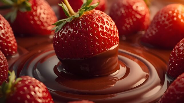 Fresh Strawberry Dipped in Rich Chocolate Sauce, Close-up Macro