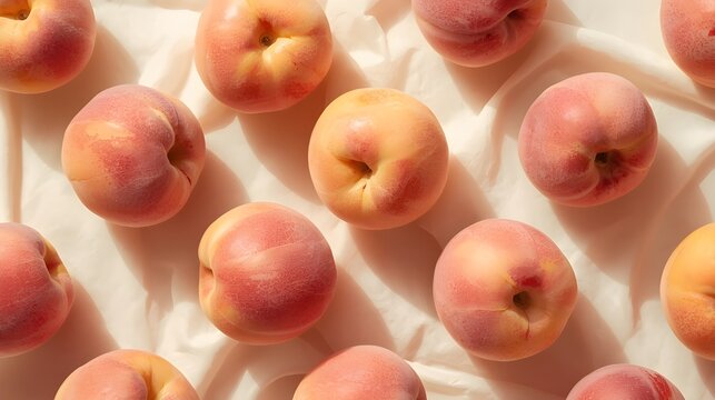 Fresh Ripe Peaches Arranged on White Fabric, Top View, Soft Light