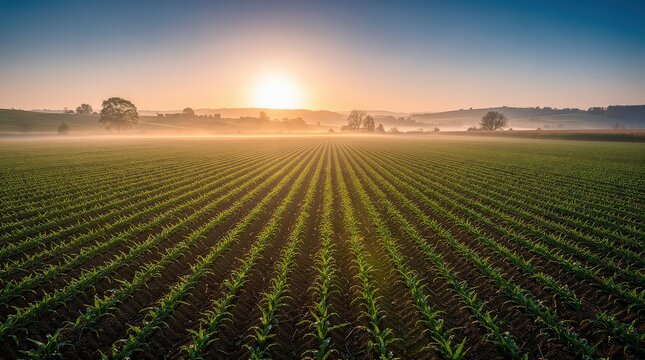 Sunrise over a vast, green agricultural field with neatly planted rows stretching toward the horizon under a clear sky.