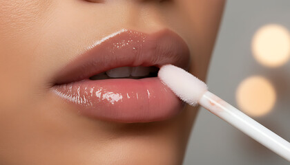 Naklejka premium Diverse model applies shiny lip gloss with cotton swab close up of dewy lips