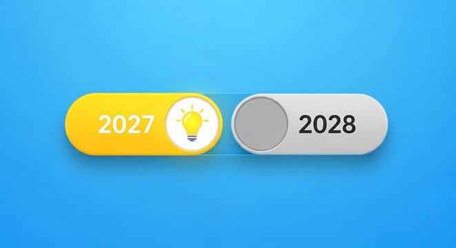 A digital slider moves from 2027 to 2028 representing the progression into the next year transition progress movement