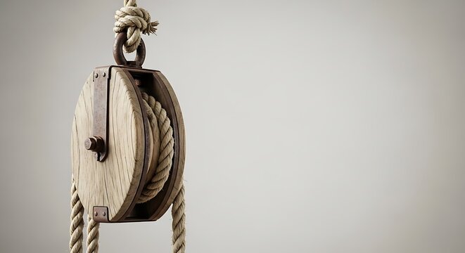 Vintage Wooden Pulley with Rope and Rusted Metal Parts