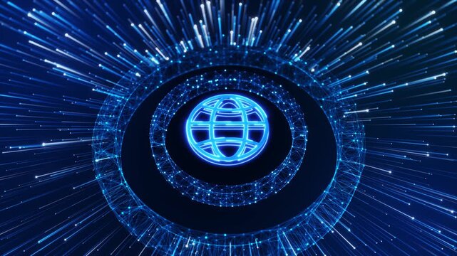 Global Network Neon Sphere Visualization Neon globe inside concentric data rings with radial data rays. Perfect for global network, telecom, big data, AI visualization, and connectivity presentations.
