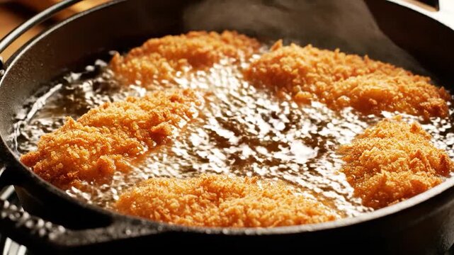 Golden-brown food items are being fried in hot oil inside a dark cooking pot, creating a delicious meal for consumption