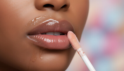 Naklejka premium Diverse model applies shiny lip gloss to plump dewy lips with lip brush close up