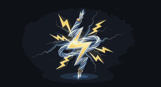 Lightning bolt striking electrical cable with sparking energy bolts