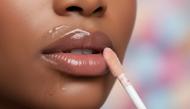 Diverse model applies shiny lip gloss to plump dewy lips with lip brush close up
