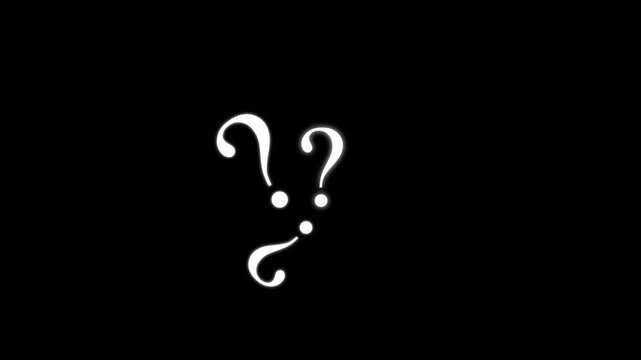 Cartoon question mark confused fly,  Glowing Question Mark pop up video, motion graphic effects, Question mark animation chroma key, question mark moving on black screen background. 4k video