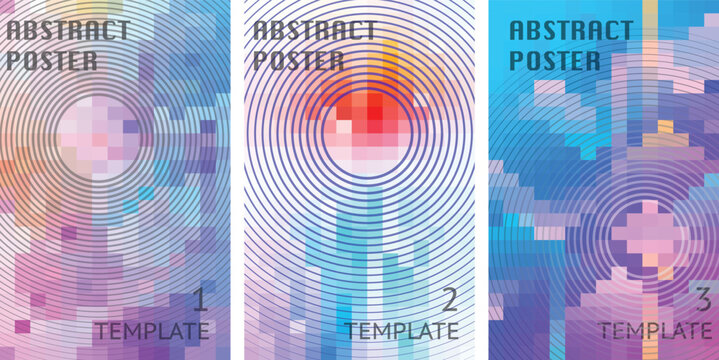 Vibrant abstract poster templates with pixelated circular designs and colorful backgrounds