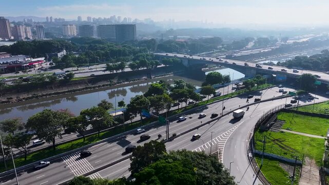 Marginal Tiete Road In Sao Paulo Brazil. Highrise Buildings. Downtown District. Freeway Road. Marginal Tiete Road In Sao Paulo Brazil. Beautiful Cityscape. Sao Paulo Brazil.