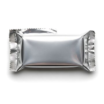 Sealed rectangular snack wrapper with shiny aluminum foil finish on white background