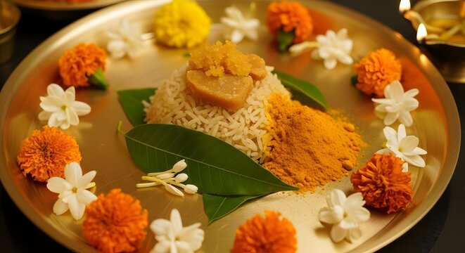 Sacred Jagannath Mahaprasad offering with rice and marigold flowers on a brass plate for Rath Yatra ritual.