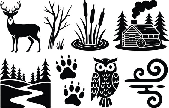 Outdoor wilderness forest silhouette vector icons set featuring deer owl cabin pine trees and animal tracks isolated on white background,