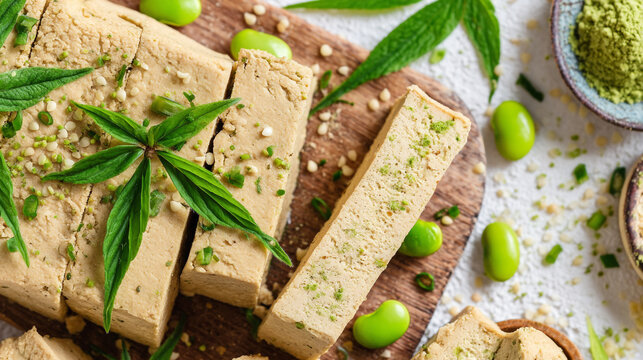 Halva with hemp leaves and edamame beans garnished with matcha powder sesame paste specialty