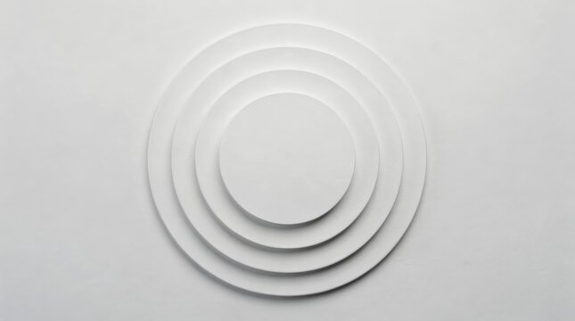 A minimalist white design featuring five concentric circular layers casting subtle shadows on a light background.