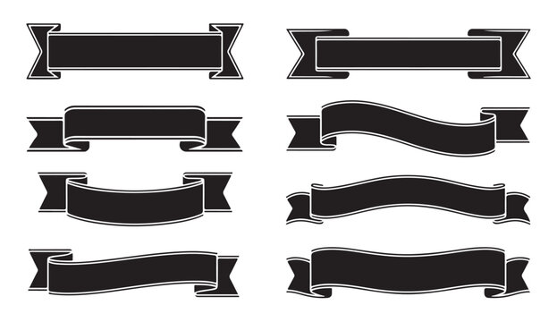 Elegant set of black ribbon banners with decorative outlines for professional design work.