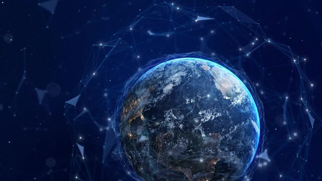 Map of the planet. World map. Global social network. Blue futuristic background planet Earth. Internet technology. Floating blue plexus geometric . digital globe network of connections for technology
