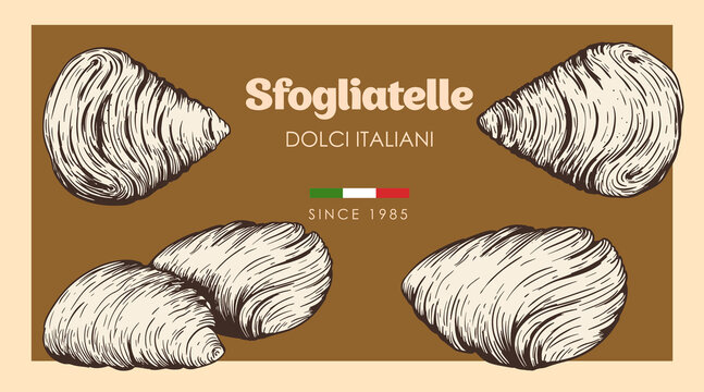 Traditional italian sweets Sfogliatelle set. Hand drawn sketch style. Puff pastry with cream inside. Best for menu and package design. Vector illustrations.