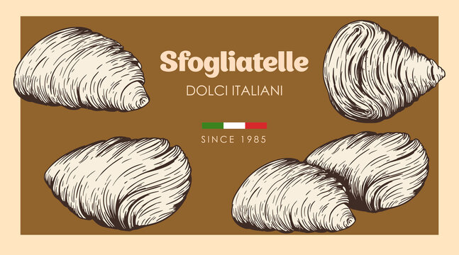 Traditional italian sweets Sfogliatelle set. Hand drawn sketch style. Puff pastry with cream inside. Best for menu and package design. Vector illustrations.