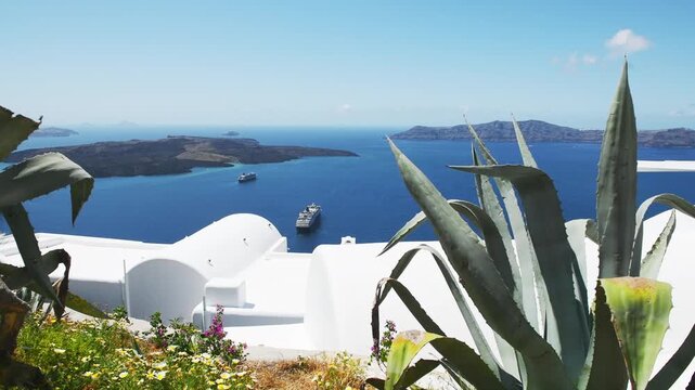 White architecture in Santorini island, Greece. Blue sea and the blue sky at sunny day. Flowers swaying in the light wind. Travel and summer vacation concept
