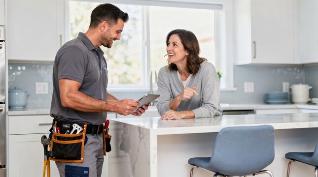 A technician consults a homeowner in a bright kitchen, discussing repairs while using a tablet.