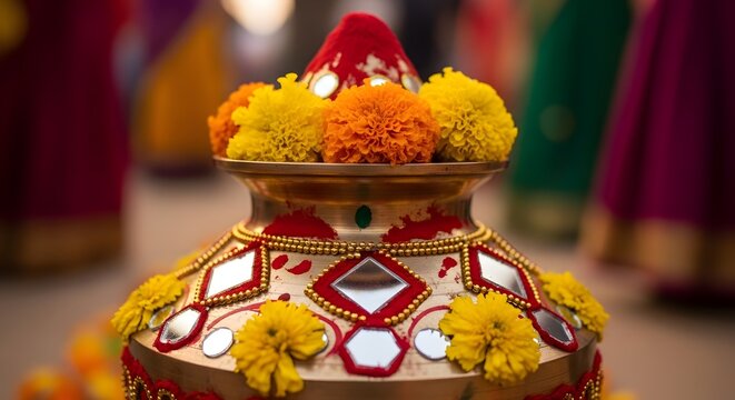 Traditional Decorated Brass Kalash with Marigold Flowers for Jagannath Rath Yatra Festival Celebration in Puri Odisha