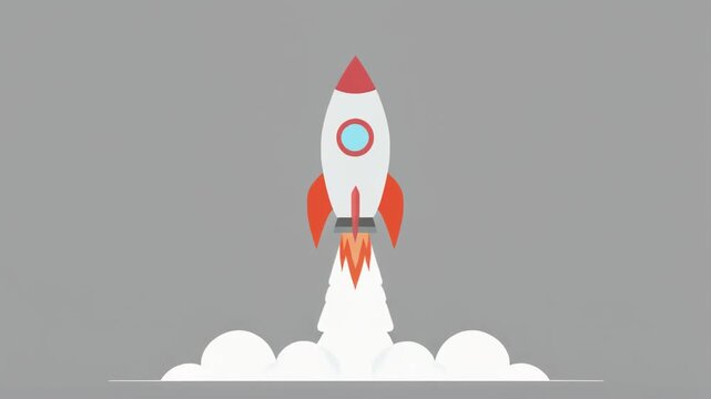 Classic rocket launching upwards with vibrant fiery exhaust and billowing smoke against a neutral gray background, symbolizing startup, innovation, progress