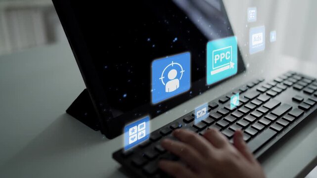 Concept of marketing online strategy using digital marketing, PPC campaigns, social media ads, and SEO analytics. Marketing online improves visibility, digital marketing drives engagement. Funnel