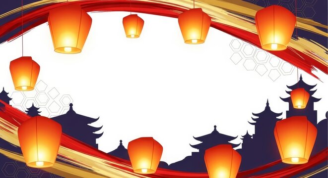 Floating lanterns illuminate traditional pagodas against a festive, abstract background.