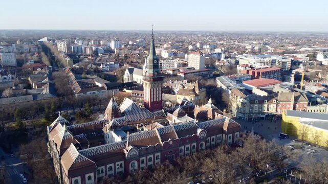 Drone view of Subotica downtown and city hall. Europe, Serbia