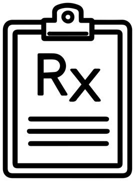 Minimalist black line icon of a prescription pad with rx symbol on clipboard medical concept