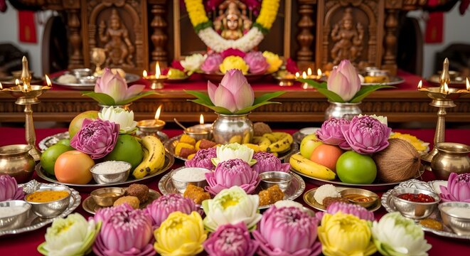 Traditional Hindu Puja Offering with Lotus Flowers and Fruits for Jagannath Rath Yatra Celebration in India