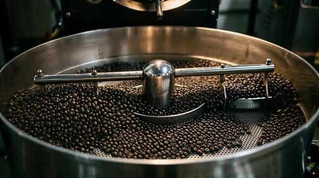 Professional Coffee Bean Roasting Machine In Action Dark Brown Beans Tumbling In Stainless Steel Drum With Steam Rising Under Warm Industrial Lighting