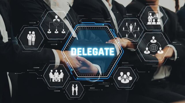Professional Business Meeting Focused on Delegation with Abstract Digital Icons Representing Collaboration and Networking in Modern Work Environment Sigmoid