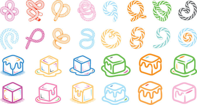 Colorful illustrations of pretzels and ice cubes in various colors and styles for graphic design