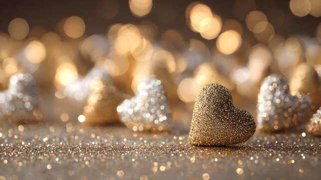 Luxury golden heart pattern with glossy white hearts and sparkling valentine gold backdrop