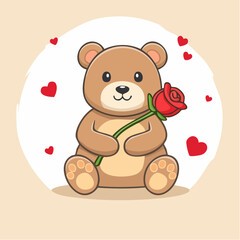 Obraz premium Cute Teddy Bear Holding a Red Rose with Hearts
