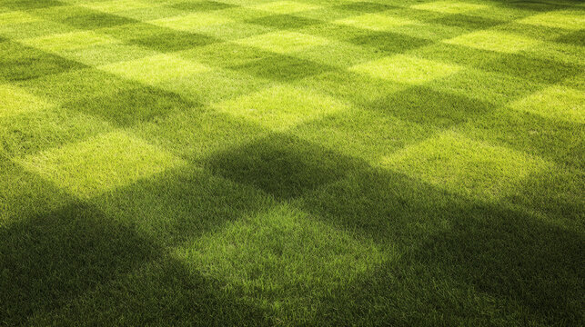 Grass lawn pattern green sunlight checkerboard texture summer garden park landscaping outdoor nature field fresh turf mown square shadow bright