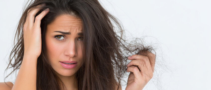 Worried woman damaged hair breakage dry hair split end female beauty problem