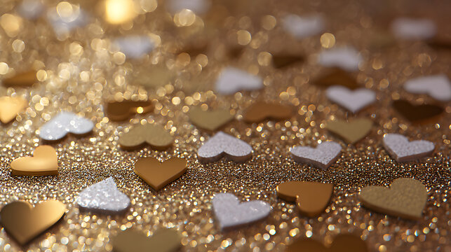 Luxury golden heart pattern with glossy white hearts and sparkling valentine gold backdrop