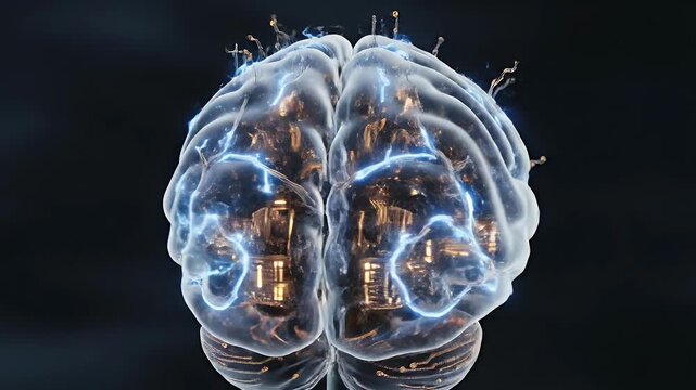 A futuristic, translucent brain displays intricate internal circuitry and glowing energy pathways.