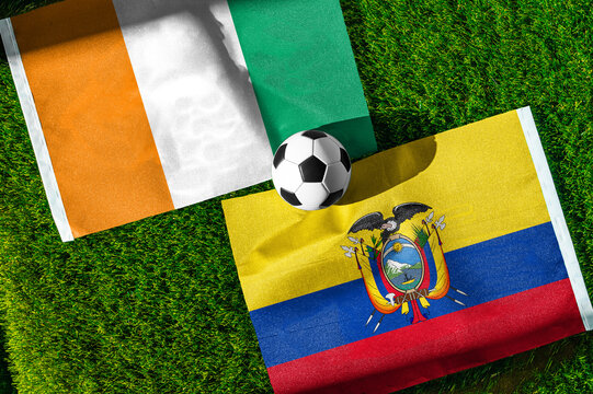 Ivory Coast vs Ecuador, national flags before world championship Group E group stage match, football on green pitch with goal in the background, Philadelphia, USA, June 14, 2026
